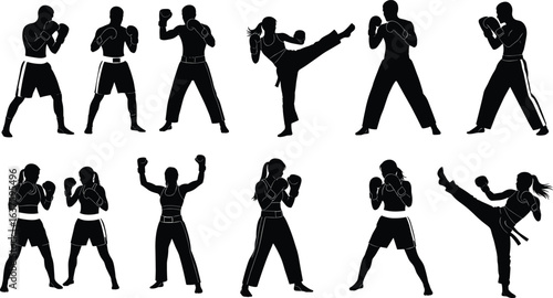 Martial arts silhouette, kicking pose, punching action, defensive stance, combat movement, fighter figure, training vector, self-defense illustration, technique study