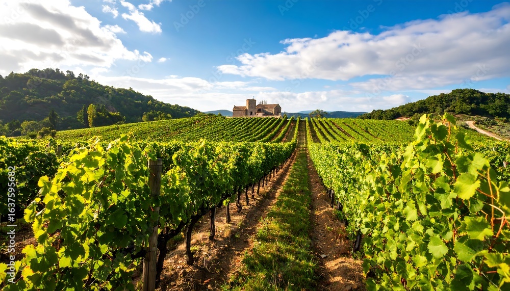 Naklejka premium Vineyard landscape with ancient abbey