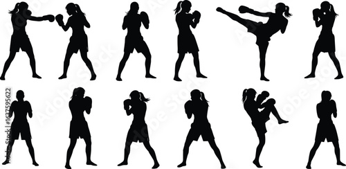 Martial arts silhouettes, boxing poses, kick techniques, defensive stances, combat movements, punching actions, training illustration, fighting forms, athlete shadows, sports reference