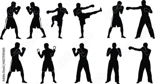 Martial arts silhouettes, boxing poses, kickboxing stances, combat sport techniques, fighter actions, training movements, punching, kicking, gloves, shorts, athletic illustration