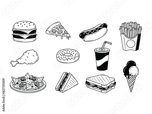 Variety of Food Items: A monochromatic collection of food items, from a burger and pizza to a sandwich, is a perfect addition for food, culinary, or related project.