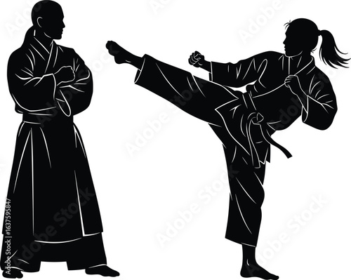 Martial arts training, high kick technique, traditional uniform, belt rank, discipline, combat skill, dojo practice, karate pose, fighter stance
