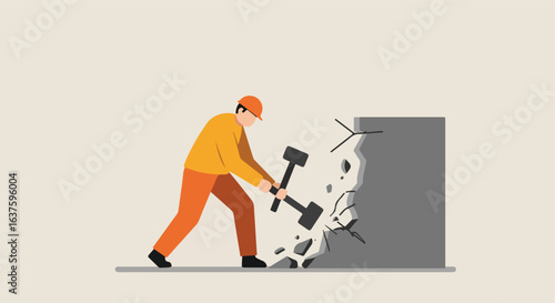 Worker demolishing grey concrete wall with sledgehammers; debris flying outwards