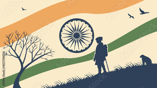 Indian Soldier Silhouette on National Flag Background.