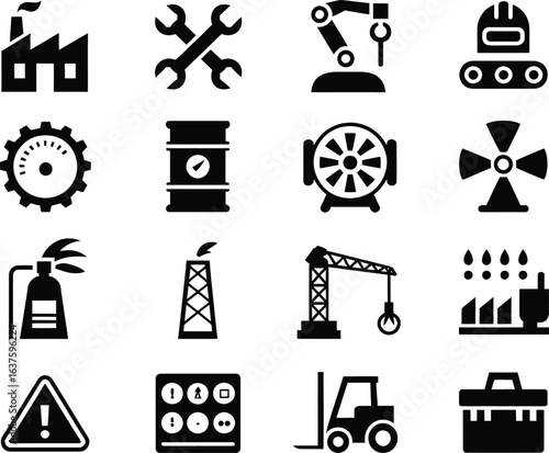 Industrial and Manufacturing Vector Icons Representing Factory Processes and Equipment for Engineering Design and Automation Systems
