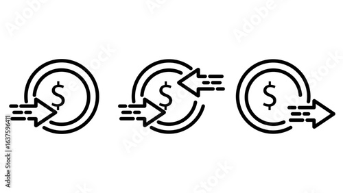 Set of black line icons representing money transfer and financial transactions. Includes symbols for incoming payment, outgoing payment, and bidirectional money exchange.