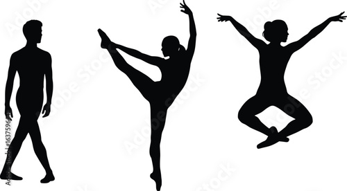 Silhouettes of dancers in motion, high leg stretch, jumping pose, walking movement, graceful body shapes, dance, gymnastics, flexibility, balance, strength