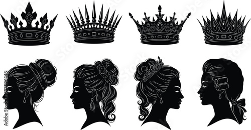 Royal crown silhouettes, elegant hairstyle collection, regal fashion elements, vintage headwear designs, artistic profile outlines, historical beauty inspiration