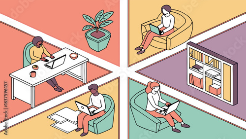 Isometric Illustration of People Working with Laptops in Various Settings.