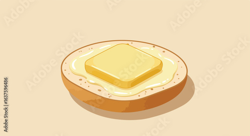Simple cartoon depiction of a toasted bun with melted butter on a tan background