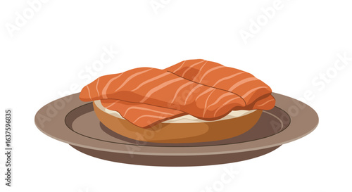 Salmon slice on a bagel with cream cheese resting on a brown plate, isolated