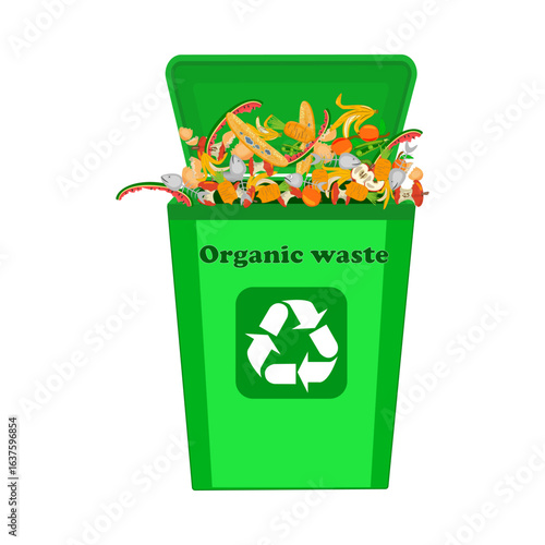 Trash bin with food leftover on white background. Waste segregation.Green container with sorted organic garbage.Recycling garbage separation and recycled.Home composting.Zero waste.Vector illustration