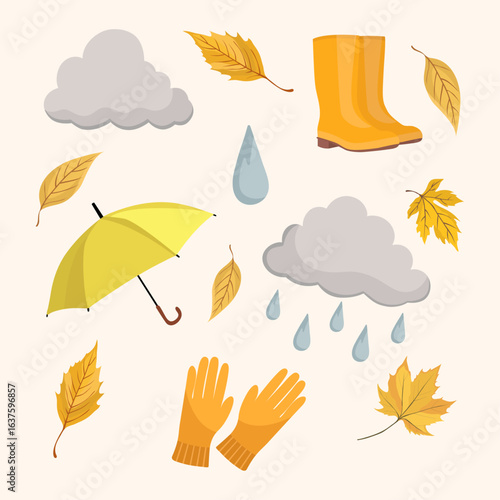 Autumn rain elements Grey clouds with rain drops Umbrella gloves fall yellow leaves