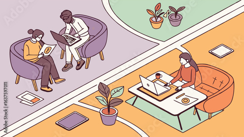 Modern Illustration of People Working and Relaxing in a Space.