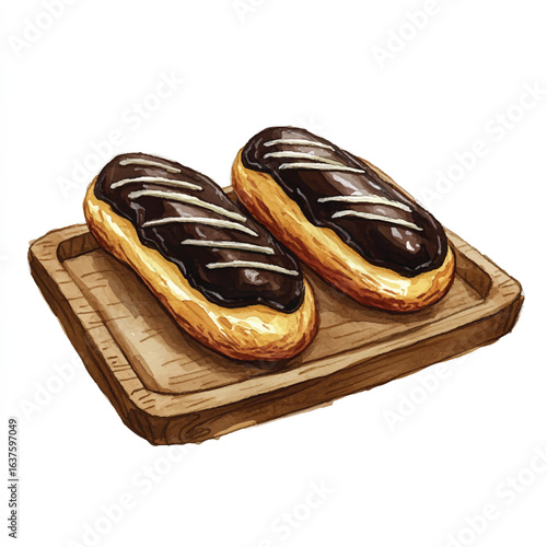 a cute Chocolate eclairs on a wooden tray