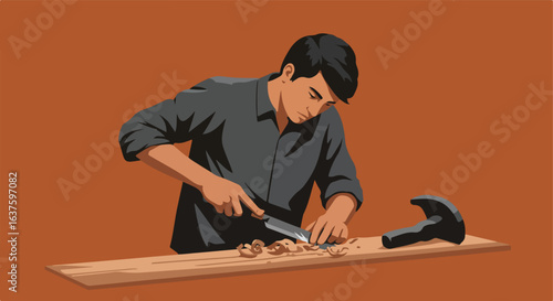 Man carves wood with knife. Shavings on board, mallet near. Flat design on brown bg
