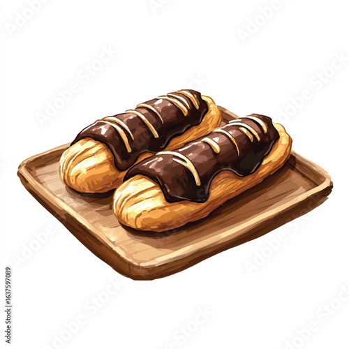 a cute Chocolate eclairs on a wooden tray