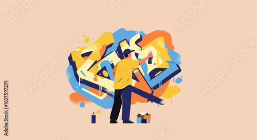 Colorful street art being created with spray paint on a light orange background