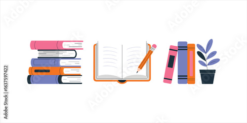 Pile of books for reading. Stack of various textbooks in hardcover, open notebook on a pink background. World book day. Literature, education concept. Isolated flat vector illustration