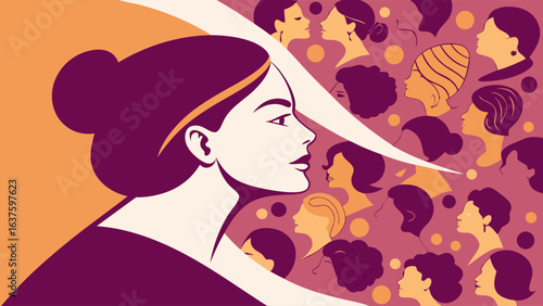 Profile of a Woman with Background of Diverse Female Silhouettes.