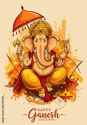 Seated Ganesha, Ornate Crown, Holding Modak and Axe,  Intricate Details, Yellow and Red Garments