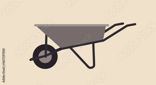 Flat illustration of gray wheelbarrow with black wheel and handles on cream background