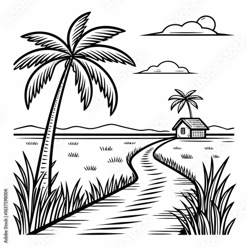 Black and white sketch of a tropical landscape with a palm tree and hut vector