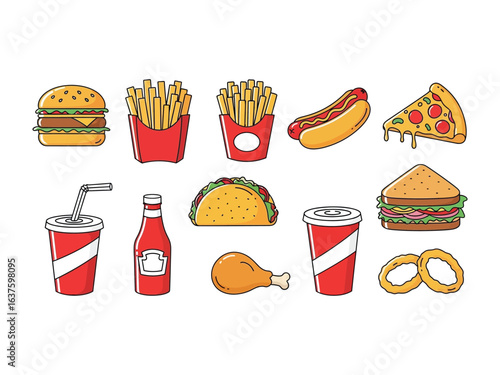 Delicious Fast Food Array: An enticing assortment of classic fast food favorites, artfully arranged to tempt the taste buds and evoke cravings, perfect for culinary themed projects.