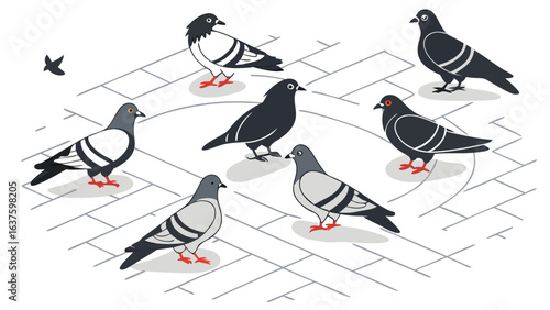 Stylized Illustration of Various Pigeons on a Pavement Surface.