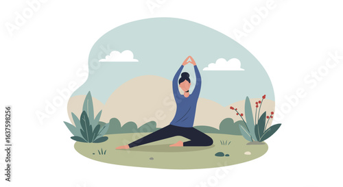 Woman practices a yoga pose outdoors with plants, rocks, and clouds around