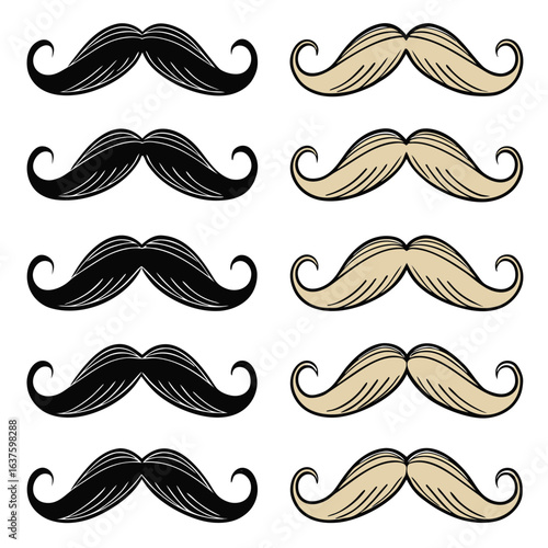 Six black and six beige curled mustaches arranged in rows facial hair black mustache