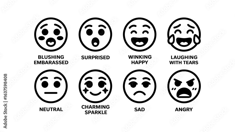 Fototapeta premium Minimalist emoji set: expressive line art faces with simple emotions