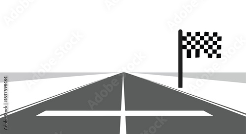 Checkered flag waves at finish. Road runs into distance. Black and white