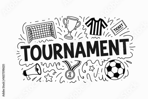 Hand drawn sports tournament doodles with trophy and whistle
