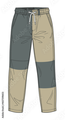 Fashion flat sketch of color-block casual trousers. Technical drawing of two-tone pants with a drawstring waist.