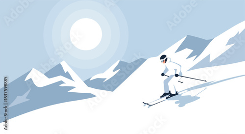 Skier descending snowy mountains, with sun. Light blue, white, and navy hues