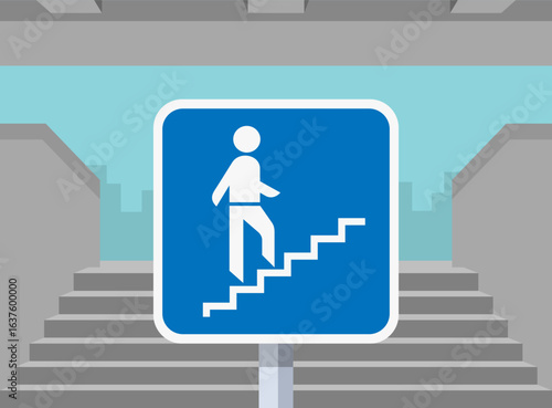 Close-up of european "stepped approach to a footbridge" sign at underground or bridge stairs background. Flat vector illustration template.