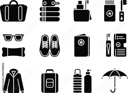 Essential Travel Packing Checklist Black and White Icons Representing Vacation Preparations and Luggage Essentials for a Seamless Journey