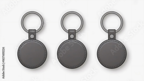 Three Gray AirTag Keychains on a White Background Flat Lay Product Photography Design Mockup Template Advertising Modern