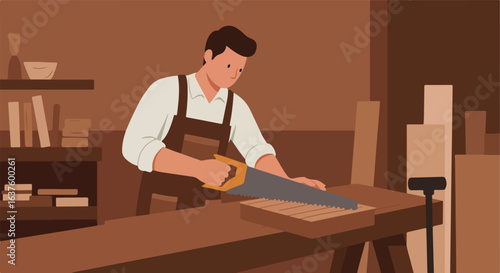 Carpenter at work, sawing wood with a handsaw in a brown-toned workshop setting