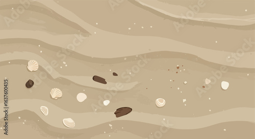 Sandy Shore Wavy sand with seashells, pebbles, & bits of wood scattered around