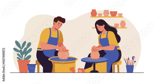 Two people shape pottery at two wheels. Vases displayed on shelf. Plant included