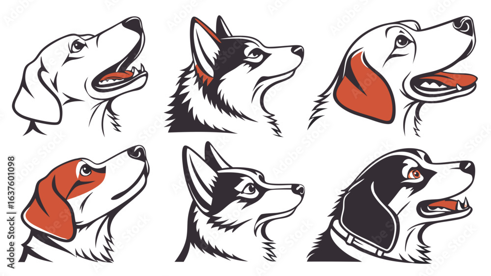 Naklejka premium Vector illustration of six dog head profiles looking up with different breeds.