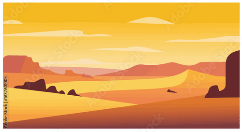 Flat illustration shows dry desert landscape under warm, golden sky, hills fading away