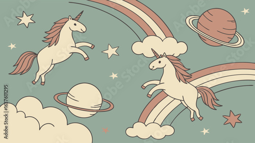 Whimsical Unicorns Soaring Through a Pastel Rainbow Sky.