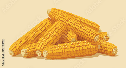 Golden Corn A pile of ripe, yellow corn cobs on a beige surface, food item
