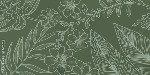 Elegant green floral pattern with delicate line art flowers and leaves