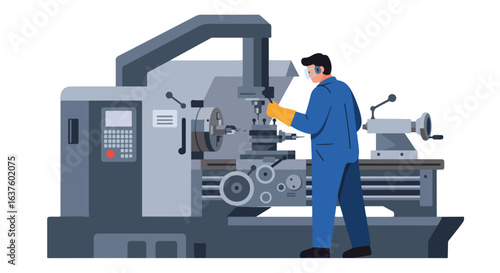 Lathe operator, in safety gear, operates a large, complicated milling machine