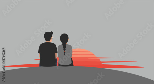 Couple viewing the sunset. Illustration with shades of grey and orange. Serene scene
