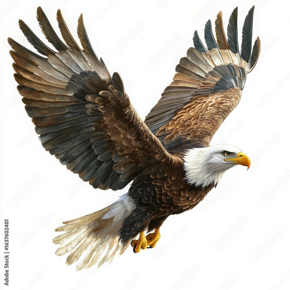 Obraz premium Majestic Eagle In Flight Against White Background Showcasing Wings and Feather Details